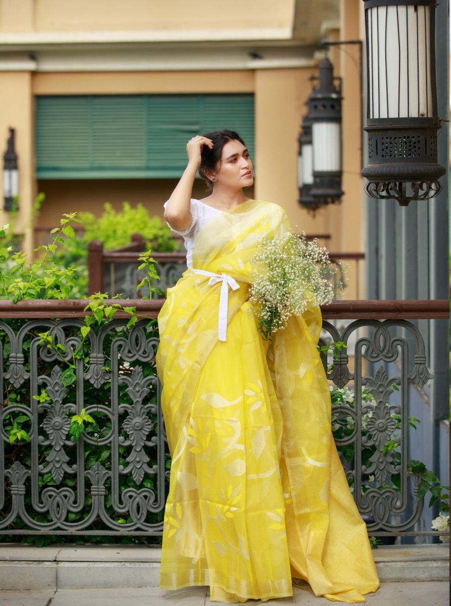 Moss Green and Yellow Dhakai Jamdani Saree – Craftyle