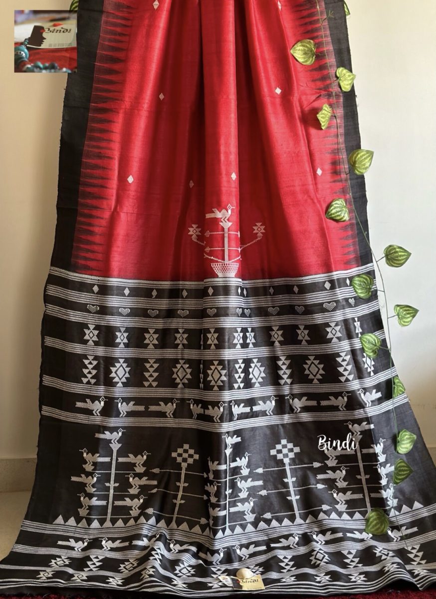 Shop Black Gopalpur Tussar Silk Sari Online in USA| Red Temple Border –  Pure Elegance